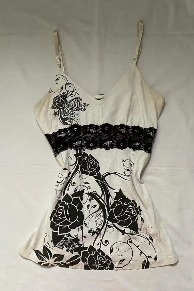 Ekru Rose Dantel Detaylı Y2K Askılı Crop
