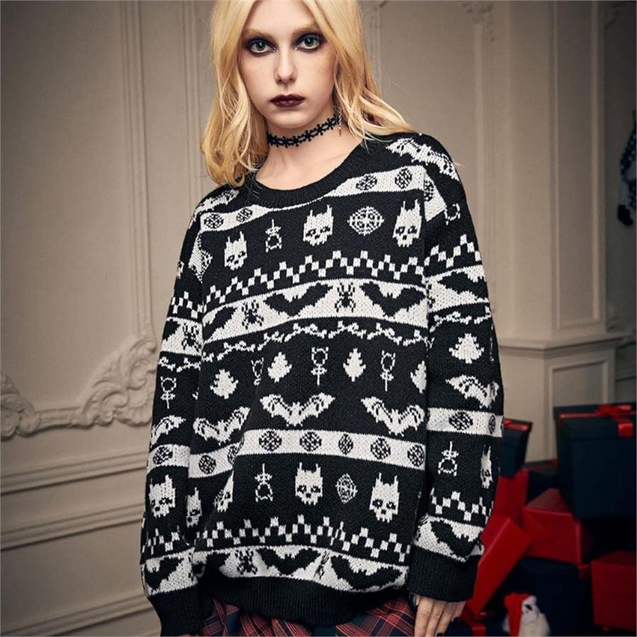 Etnik Siyah Gothic Desenli Oversize Kazak
