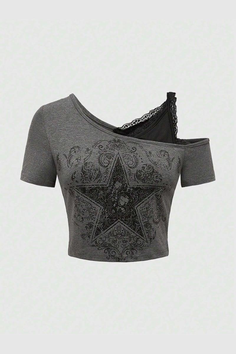 Füme Gothic Star Ek Askılı Kısa Kollu Crop