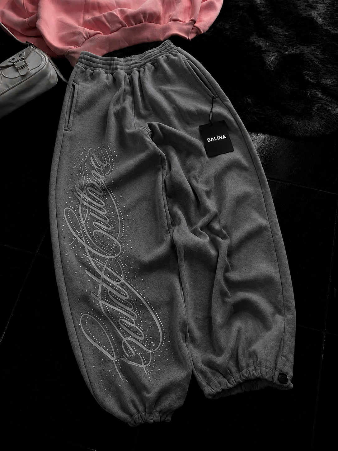 Gri Angel Taşlı Baggy Unisex Eşofman Altı