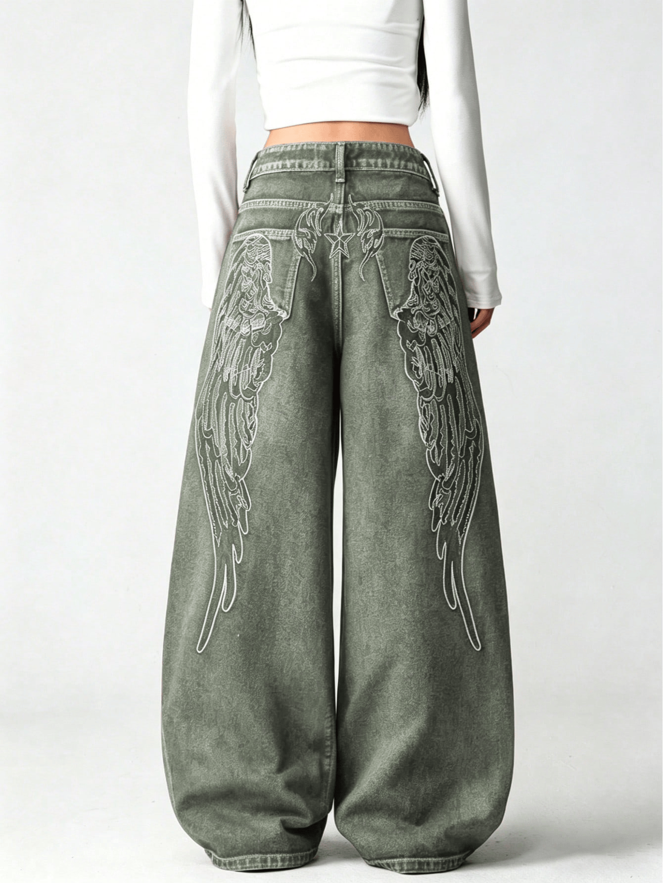 Gri Angel Wings Y2K Pembe Baggy Jean