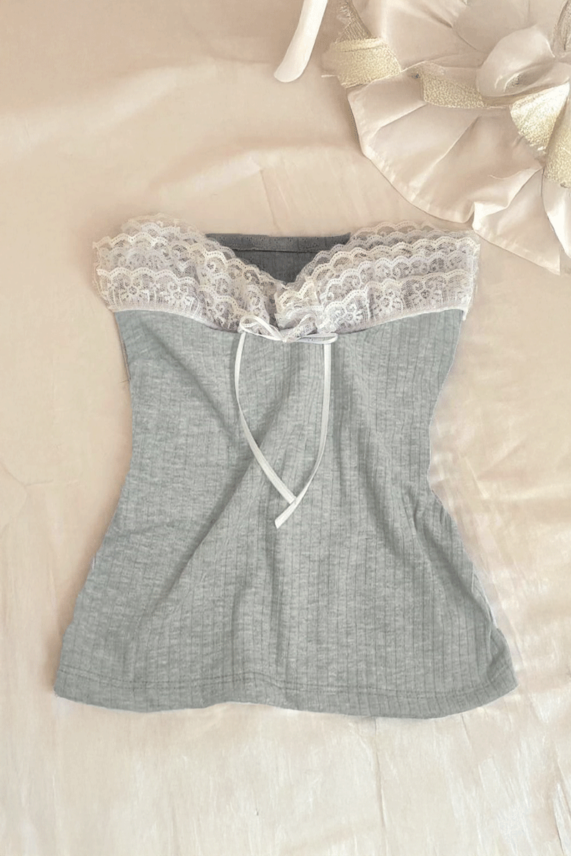 Gri Dantelli Kurdeleli Y2K Straplez Crop