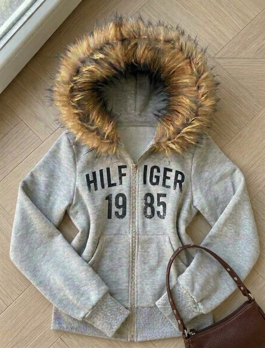 Gri Kürklü HILFIGER 1985 Baskılı 3 İplik Y2K Kapüşonlu Hırka