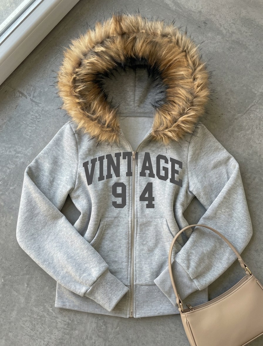 Gri Kürklü Vintage 94 Baskılı 3 İplik Y2K Kapüşonlu Hırka
