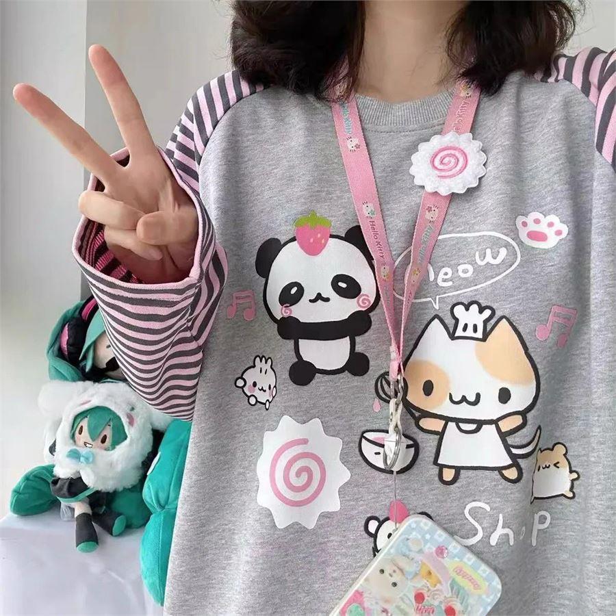Gri Melanj Anime Panda Pembe Siyah Çizgili Kollu Sweatshirt