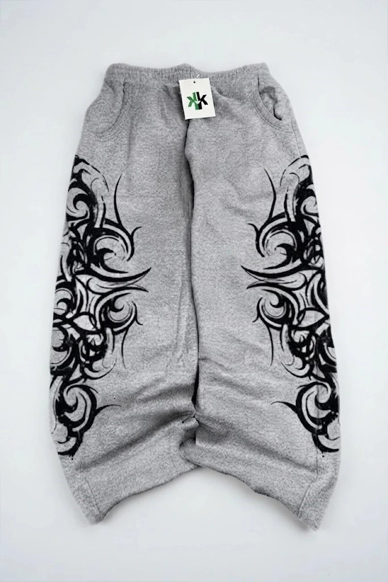 Gri Melanj Gotik Tribal Y2K Beli Lastikli Eşofman