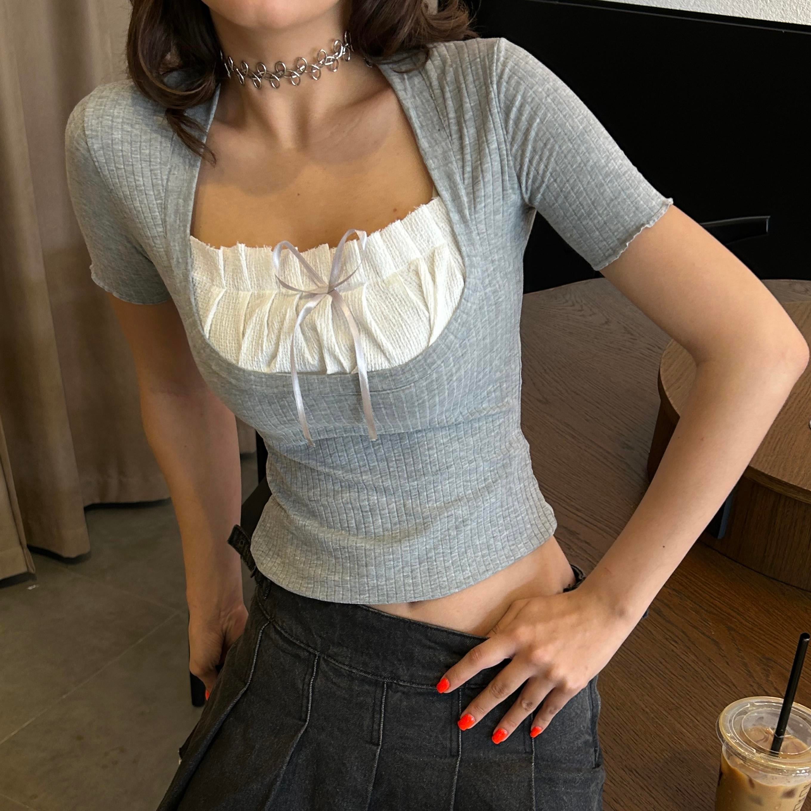 Gri Melanj İspanyol Kol Kurdeleli Dantel Yaka Kısa Kollu Crop