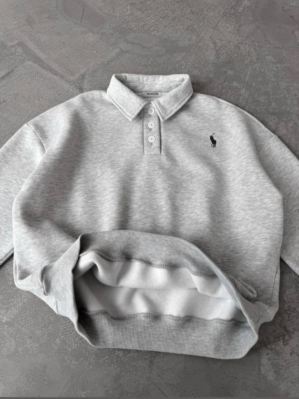 Gri Polo Yaka Nakış Detaylı Basic Oversize Unisex Sweatshirt