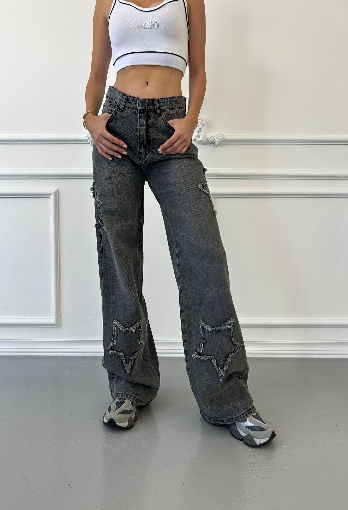 Gri Retro Yıldız Detaylı Baggy Pantolon