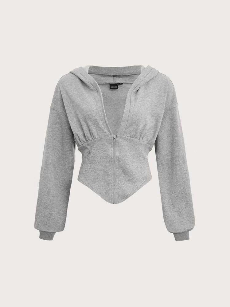 Gri Uzun Kollu Korse Kesim Fermuarlı Ceket
