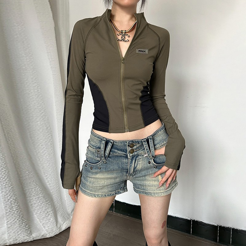 Haki Prix Fermuarlı Uzun Kollu Crop