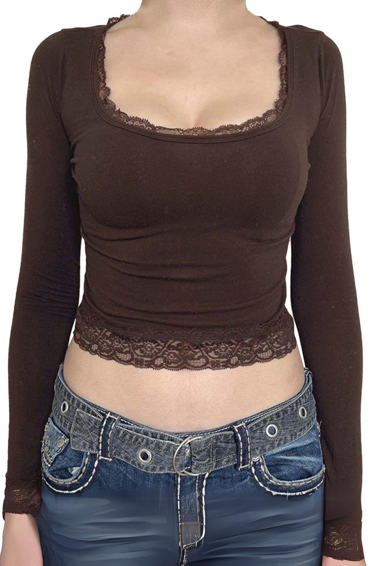 Kahverengi Basic Dantel Detaylı Uzun Kollu Crop