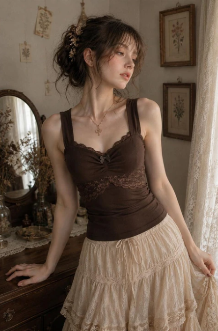 Kahverengi Dantel Detaylı Fiyonklu Vintage Y2K Askılı Crop