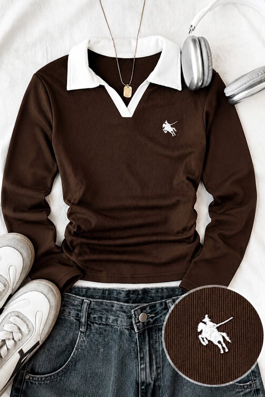 Kahverengi Polo Yaka Nakışlı Büzgülü Bluz