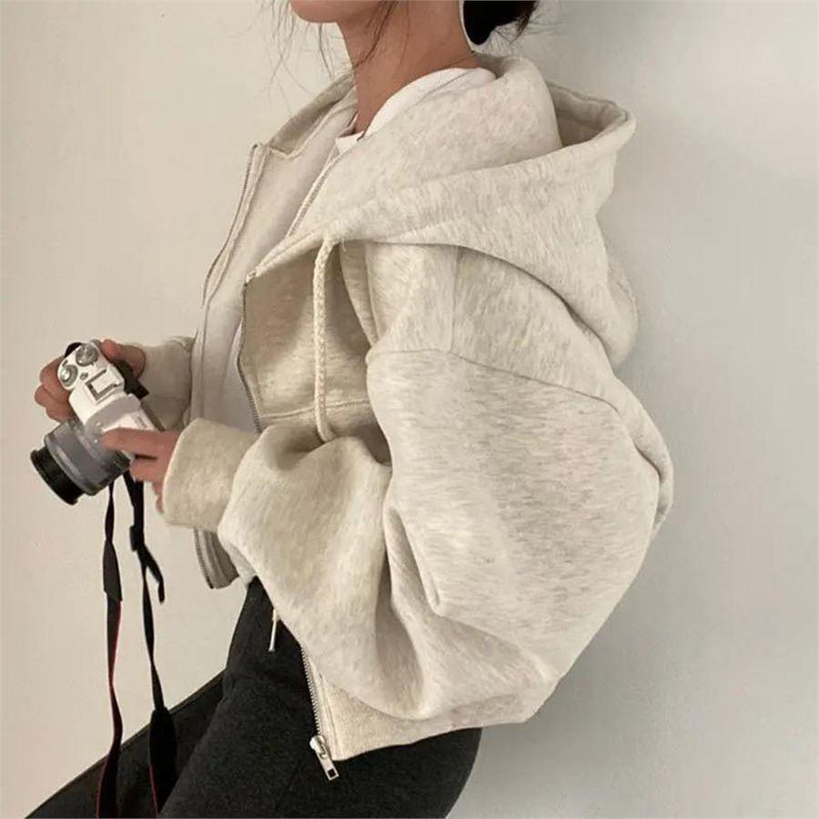 Kar Melanj Crop Top Kalın Kumaş Fermuarlı Kapüşonlu Sweatshirt