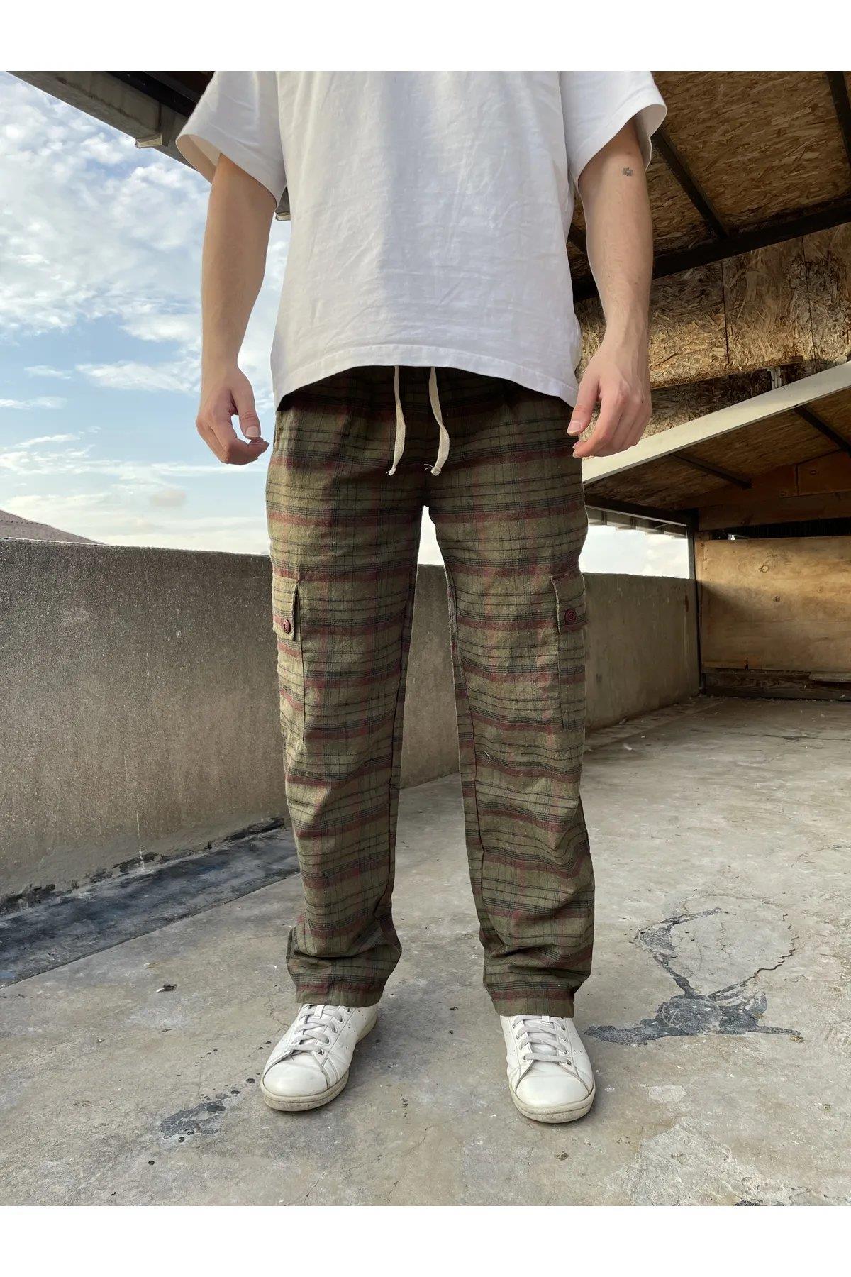 Kare Desenli Kargo Cepli Vintage Unisex Bol Paça Pijama Eşofman Altı