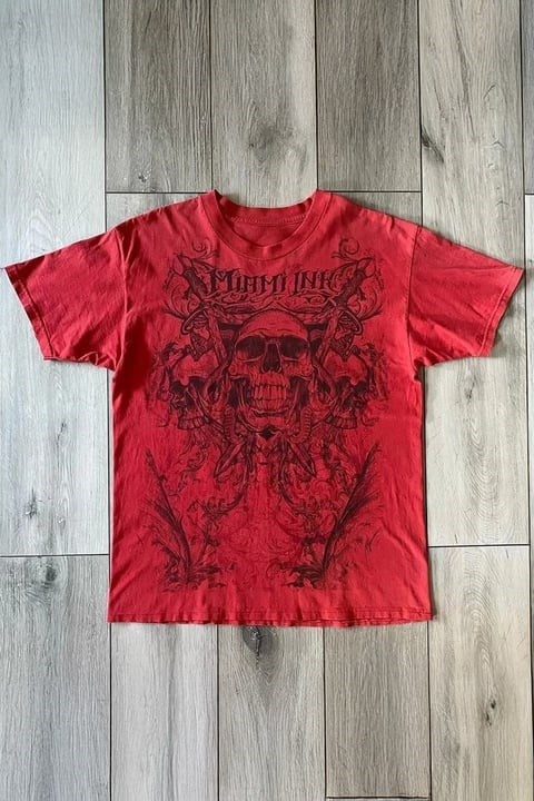Kırmızı Miami Ink Vintage Skull Gotik Y2K Unisex T-Shirt