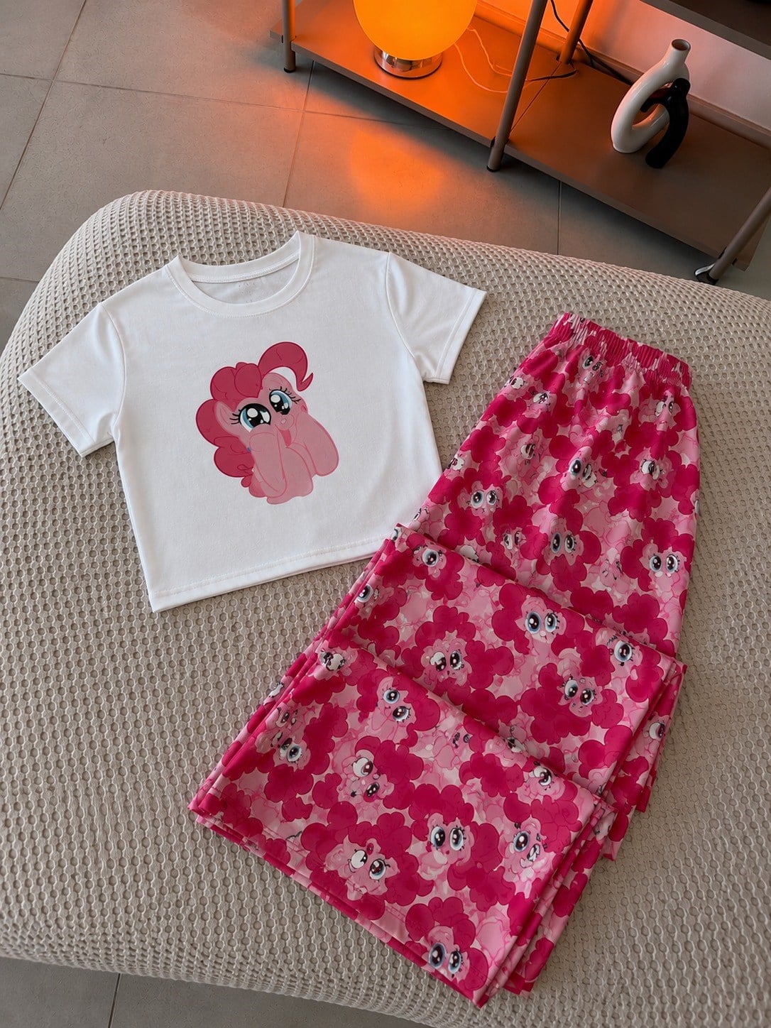 Kırmızı My Little Pony Pinkie Pie Desenli Crop Şık Alt Üst Takım