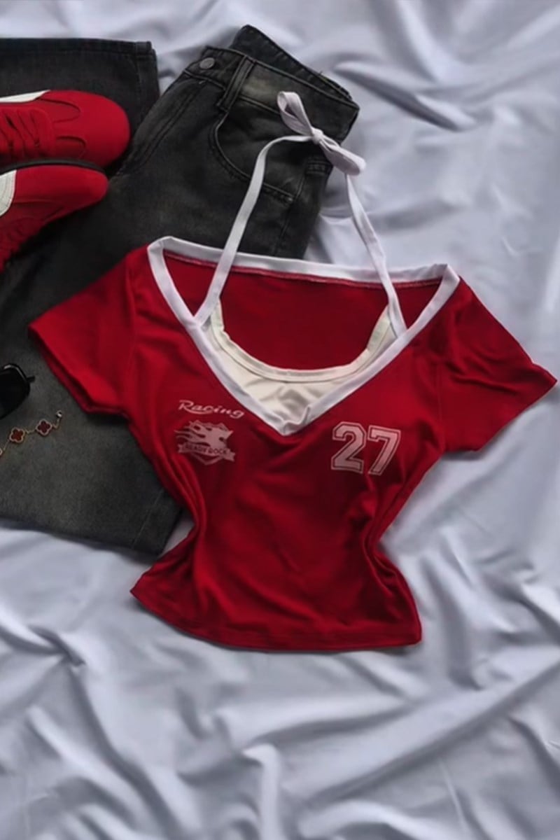 Kırmızı Racing 27 Number Ek Askılı Y2K Kısa Kollu Crop
