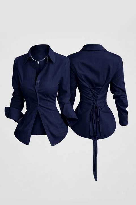Lacivert Dar Kesim Korseli Sırtı Bağcıklı Uzun Kollu Gömlek