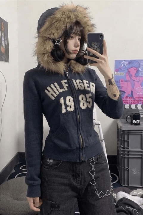 Lacivert Hilfiger 1985 Kürk Detaylı Y2K Kapüşonlu Crop Hırka