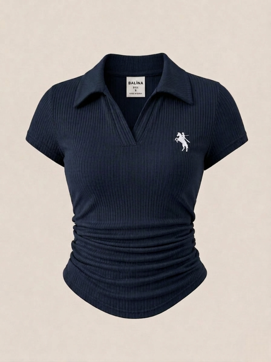 Lacivert  Polo Yaka Fitilli Premium Bluz