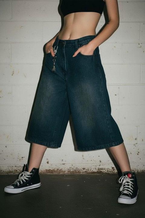 Lacivert Taşlamalı Nakış Detaylı Denim Y2K Baggy Unisex Kot Şorrtolon