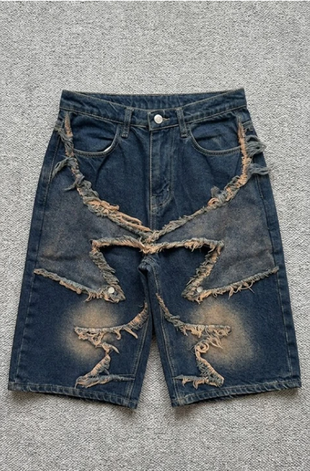 Lacivert Taşlamalı Star Vintage Y2K Unisex Baggy Şort