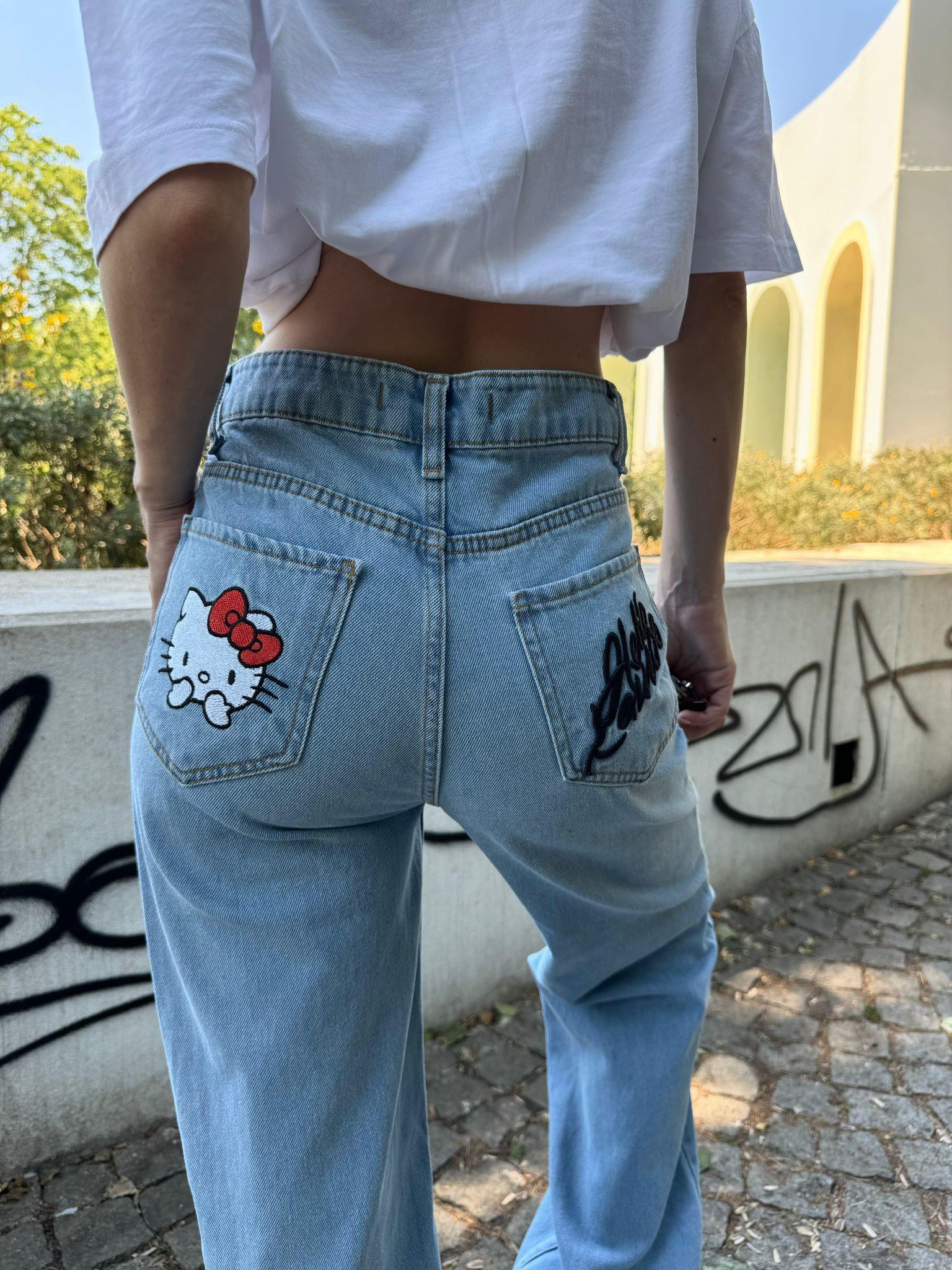 Mavi Hello Kitty İşlemeli Palazzo Pantolon