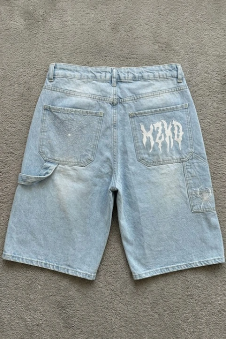 Mavi Taşlamalı MZKD Spider Y2K Baggy Unisex Şort