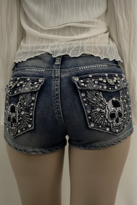 Mavi Yıkamalı Taşlı Skull Wings Grunge Y2K Kot Mini Şort