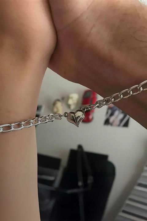 Mıknatıslı Kalp Silver Çift Bileklik