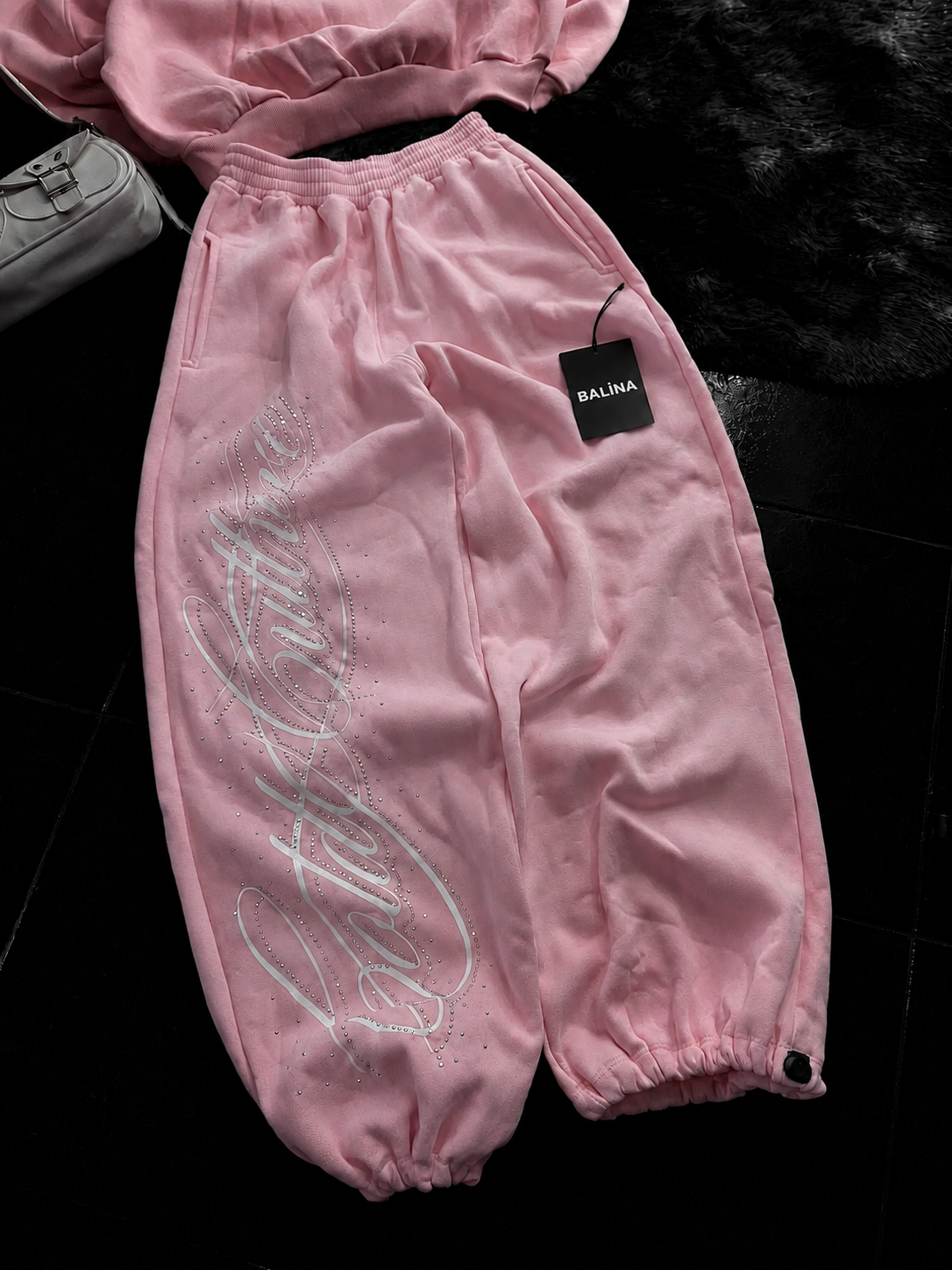 Pembe Angel Taşlı Baggy Unisex Eşofman Altı