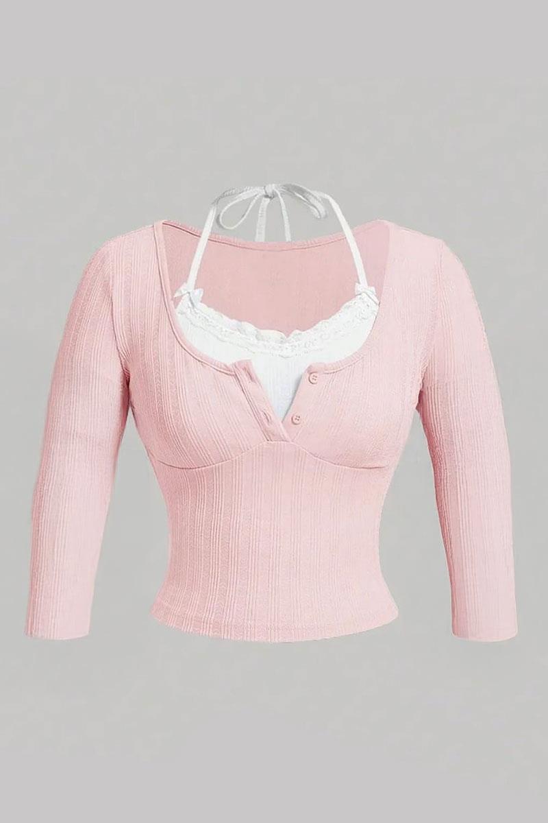 Pembe Bağlamalı Kurdeleli Beyaz Ek Yakalı Y2K Kısa Kollu Crop