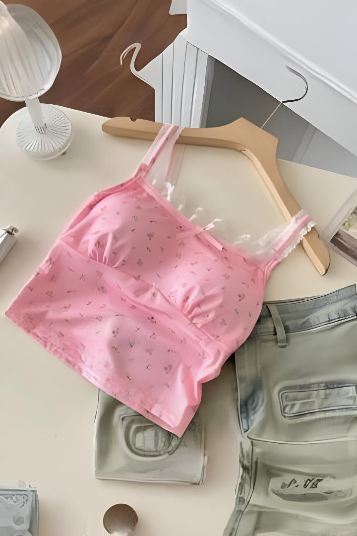Pembe Çiçek Desenli Gloplu Dantel Detaylı Askılı Crop