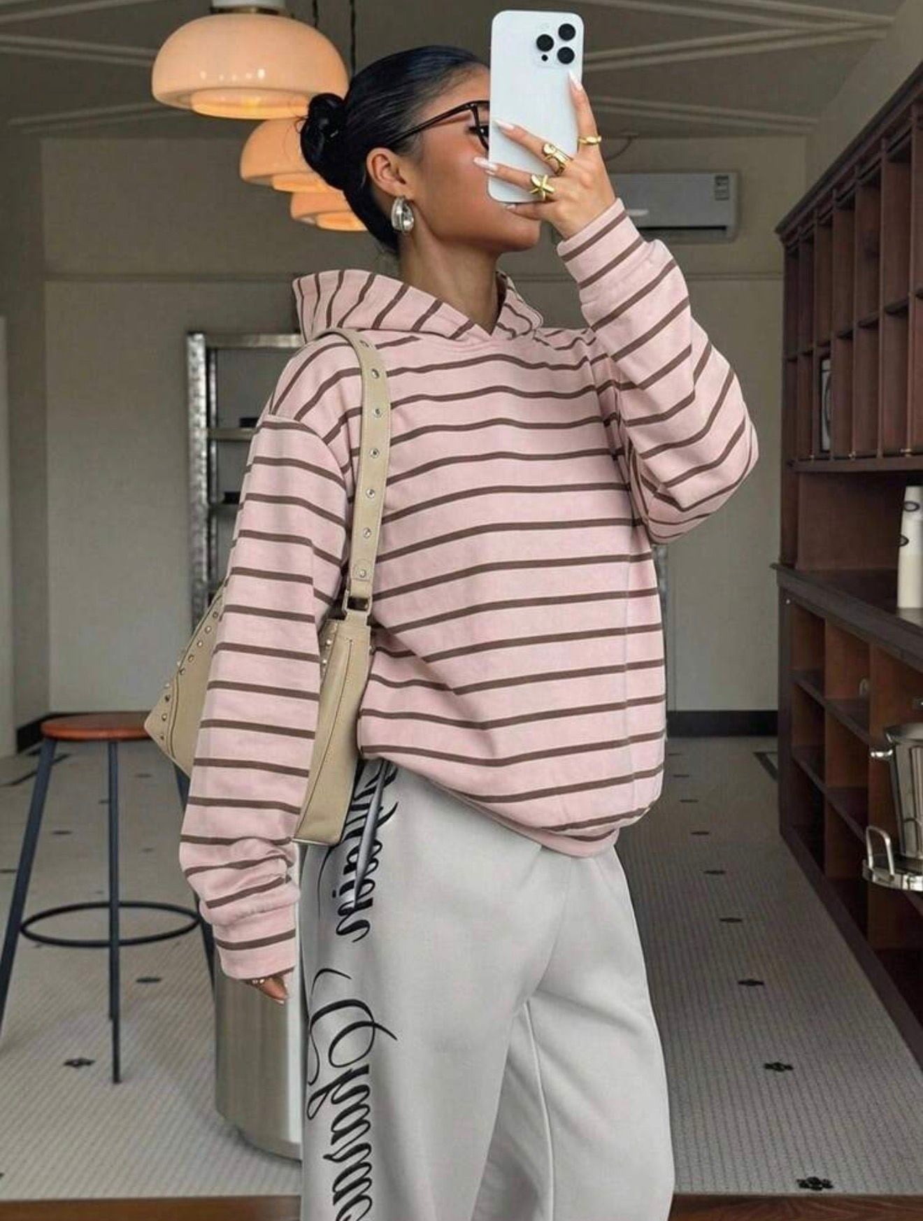 Pembe Çizgili Hood 3 İplik Dijital Sweatshirt