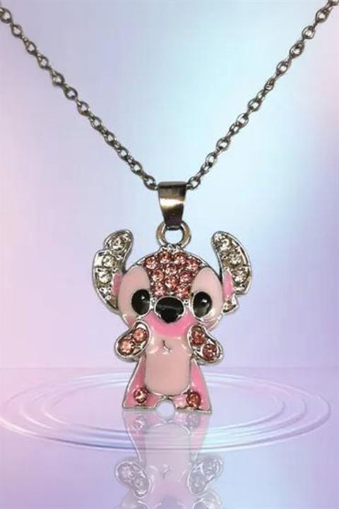 Pembe Kristal Taş Detaylı Lilo & Stitch Kolye