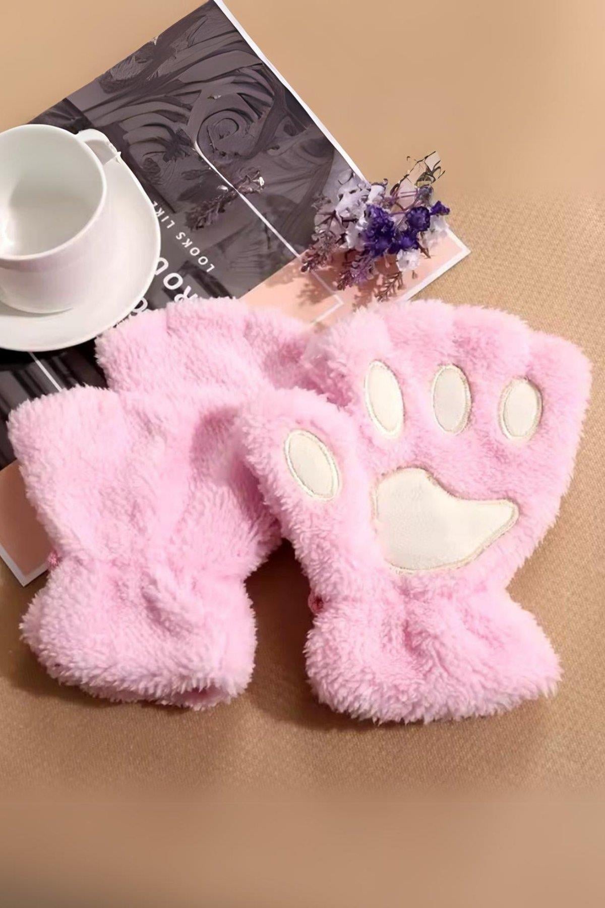 Pembe Peluş Pati Kesik Parmak Eldiven