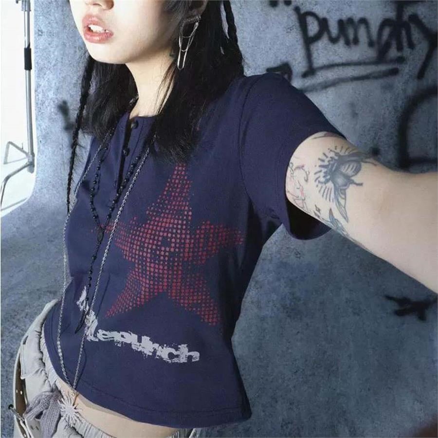 Red Harajuku Star Punch Lacivert Y2K Kısa Kollu Crop