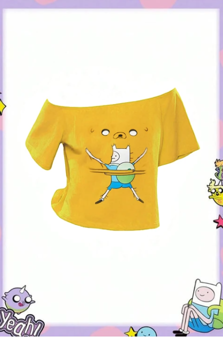 Sarı Adventure Time Finn and Jack Omuz Dekolteli Y2K Kısa Crop