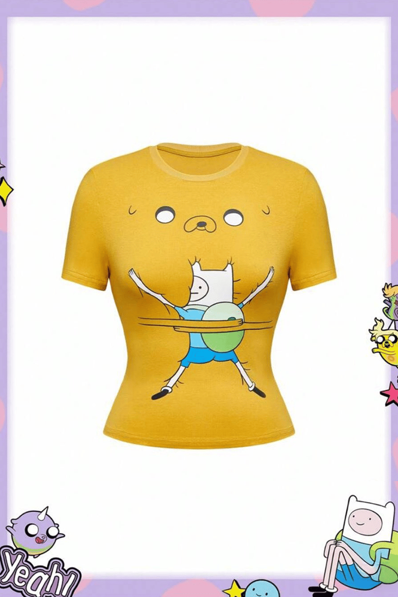 Sarı Adventure Time Finn and Jack Y2K Kısa Kollu Crop