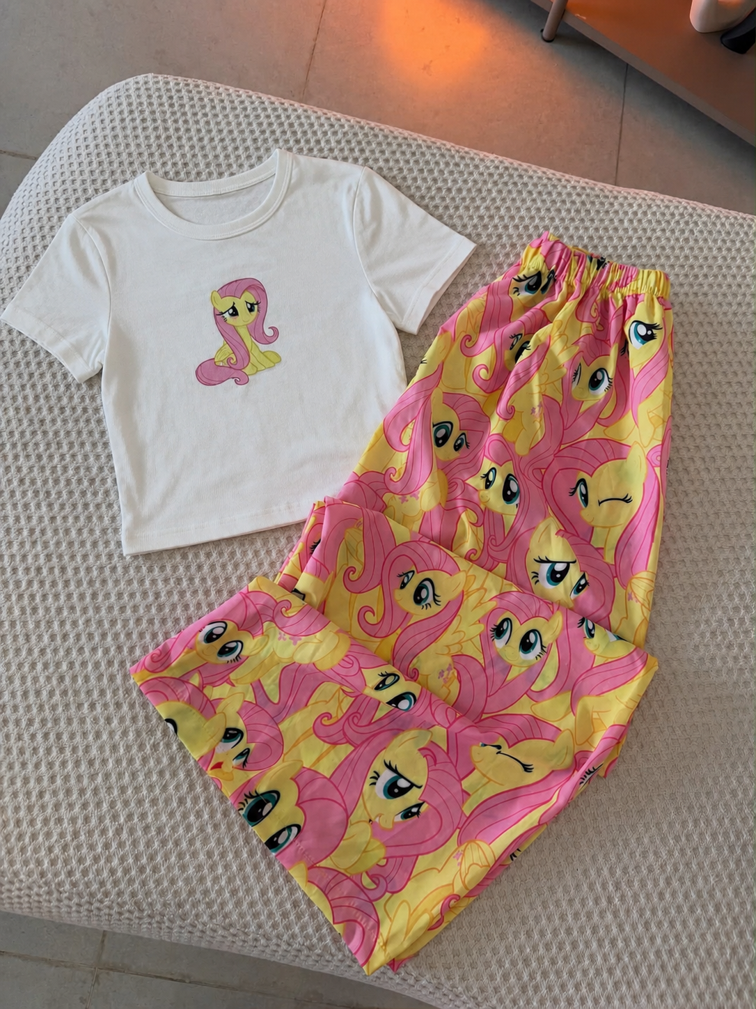 Sarı My Little Pony Fluttershy Desenli Şık Crop Alt Üst Takım