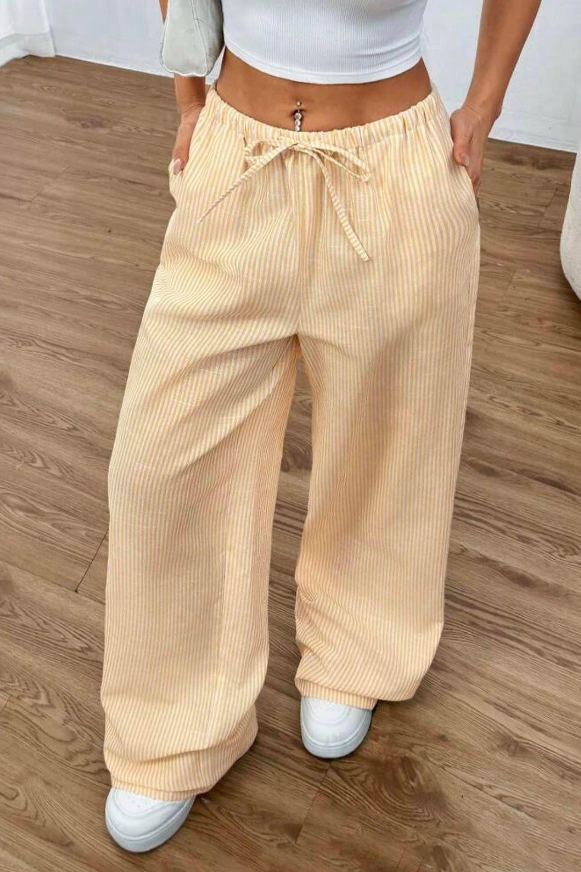 Sarı Renk Oversize Dik Şeritli İnce Paça Ayarlanabilir Eşofman Altı 