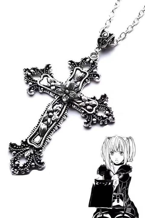 Silver Anime Misa Çiçek Motifli Haç Kolye