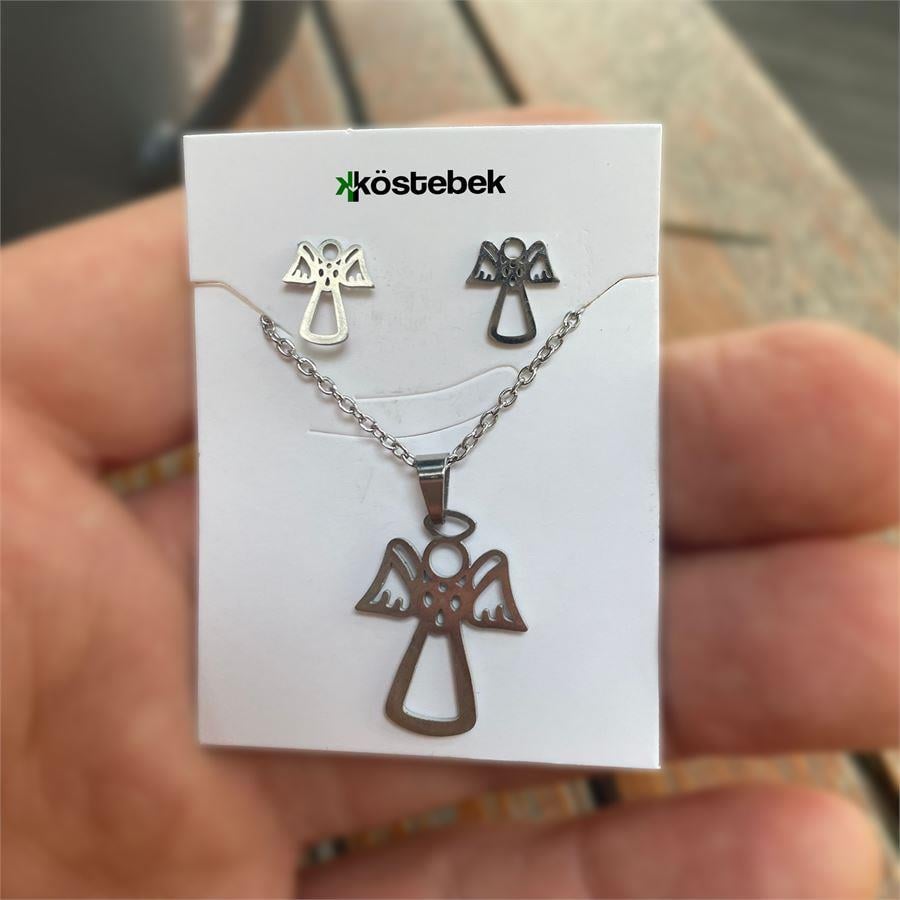 Silver Basic Angel Kolye Ve Küpe Seti 
