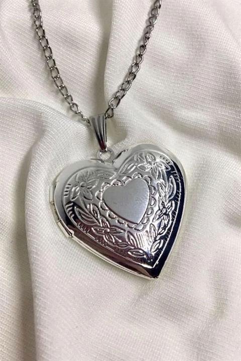 Silver Çiçek Mofitfli Kalp Kolye