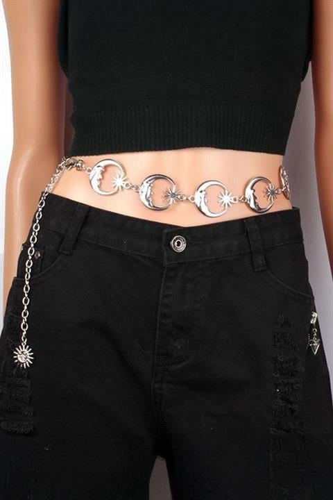 Silver Gotik Ay Ve Güneş Detaylı Zincir Kemer