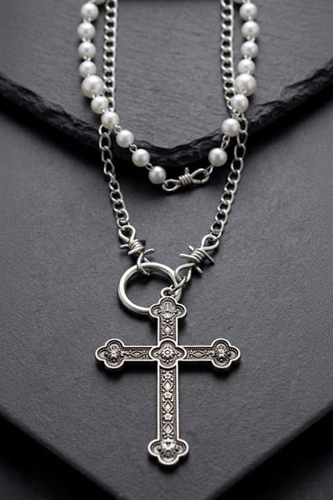 Silver İnci Şeritli Cross Diken Detaylı  Gotik Kolye