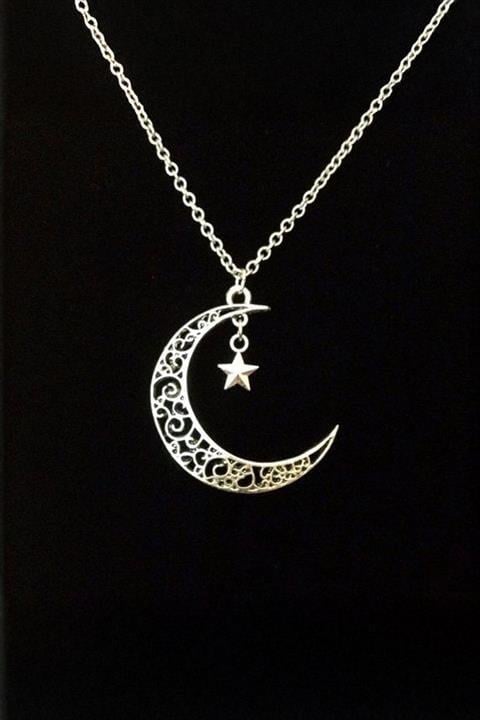 Silver Otantik Desenli Ay Yıldız Kolye