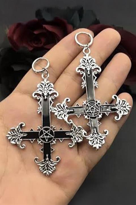 Silver Siyah Gotik Cross Pentagram Küpe